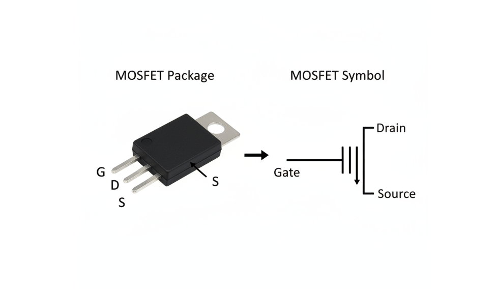 iA physical package diagram showing the three pins of the MOSFET (Gate, Drain, Source) and a circuit symbol comparison diagram
