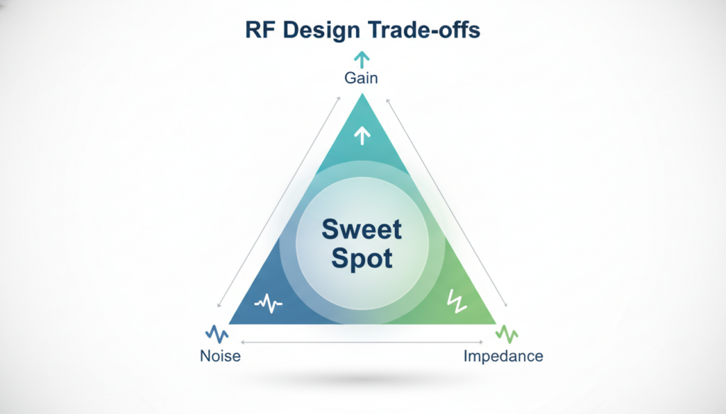 An original infographic with vertices labeled "Gain," "Noise," and "Impedance," and the central area marked as the "Optimal Balance Point."