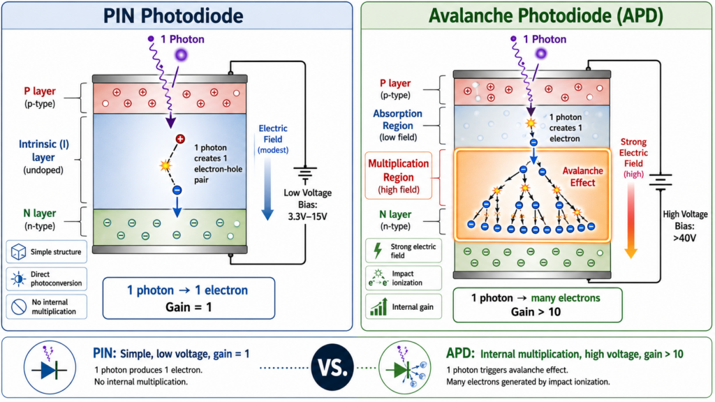The Left Side Of The Diagram Shows A Pin Photodiode, Illustrating The Simple Process Of "One Photon Generating One Electron" And Indicating A Low-Voltage Power Supply (3.3v–15v); The Right Side Shows An Apd, Highlighting The "Multiplication Region" And Depicting The "Avalanche Effect" (Gain > 10)—Where An Electron Generated By A Single Photon Repeatedly Collides With The Crystal Lattice Under A Strong Electric Field To Produce Multiple Secondary Electrons—And Indicating A High-Voltage Power Supply (>40v).