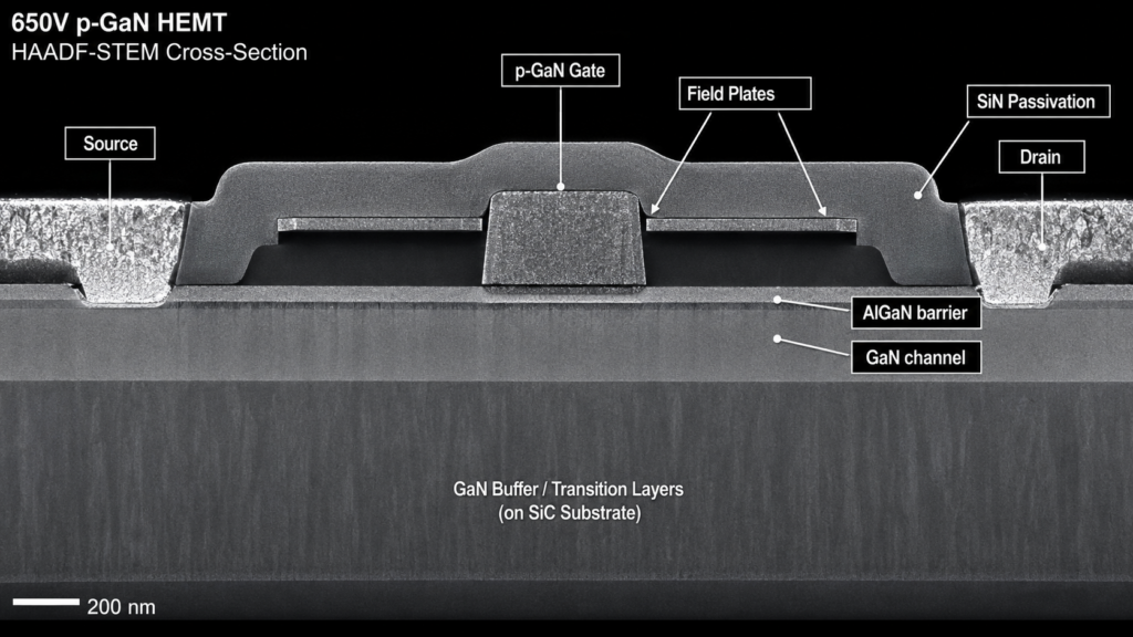 A Haadf-Stem Cross-Sectional Image Of A 650v P-Gan Hemt, Indicating The Source, Drain, P-Gan Gate, Field Plate, Sin Passivation Layer, And Algan Barrier Layer.