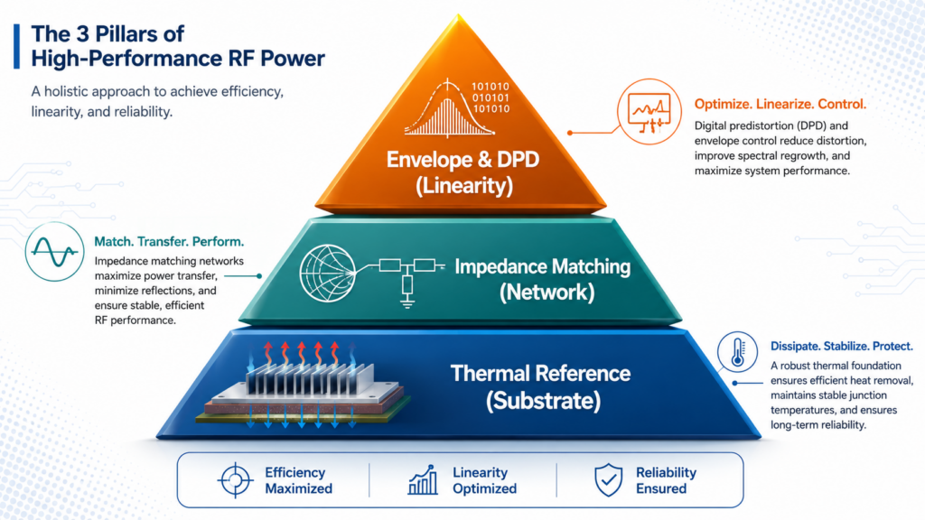 In The Figure, The Base Is The "Thermal Reference (Substrate)," The Middle Section Is The "Impedance Matching (Network)," And The Top Section Is "Envelope And Dpd (Linearity)."