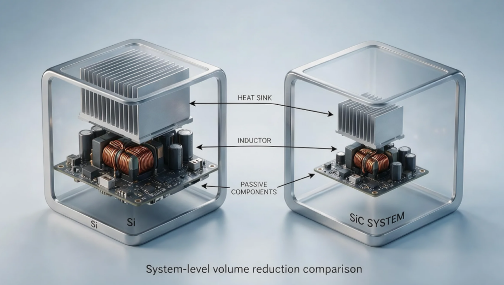 3D schematic diagram of Si (silicon) and SiC (silicon carbide) system-level volume reduction comparison, showing the size difference of heat sink (HEAT SINK), inductor (INDUCTOR) and passive component (PASSIVE COMPONENTS) in the two technical solutions, and the overall volume of SiC system is smaller