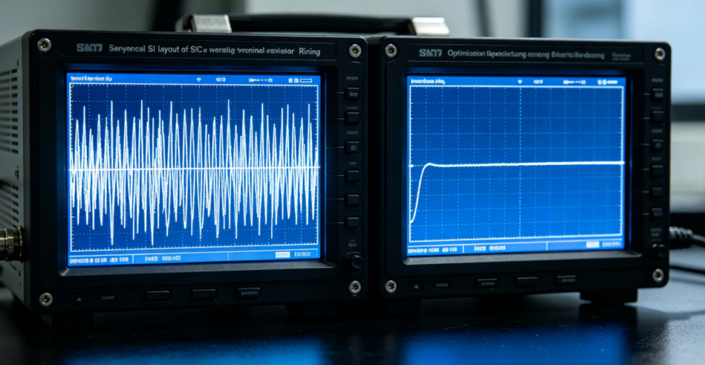 Comparison of two oscilloscopes shows SiC semiconductor test waveforms-the left side is the severe ringing waveform after direct replacement of SiC with ordinary Si layout, and the right side is the clean switching waveform after optimization of parasitic inductance