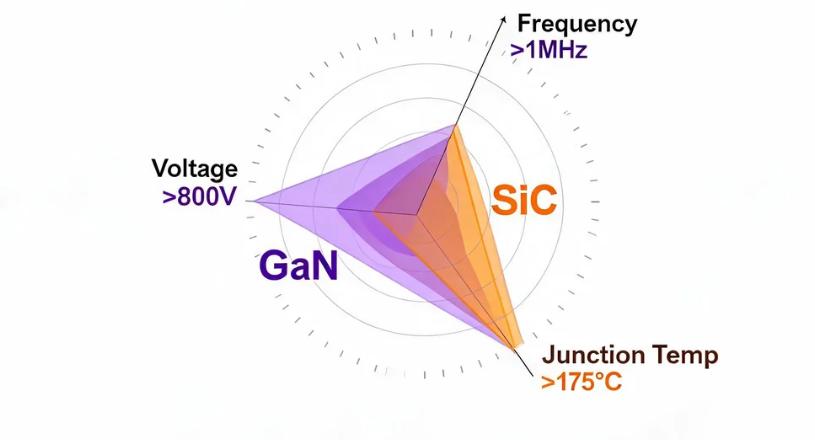 A 3d Radar Chart With Three Axes Representing Voltage >800 V, Frequency >1 Mhz, And Junction Temperature >175°C, Using Different Colors To Indicate The Operating Ranges Of Gan And Sic.