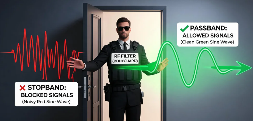 Depict A "Bodyguard" (An Rf Filter) Standing At The Doorway, Allowing Green Sine Waves (Passband) To Pass Through While Blocking Red, Chaotic Sine Waves (Stopband) Outside.