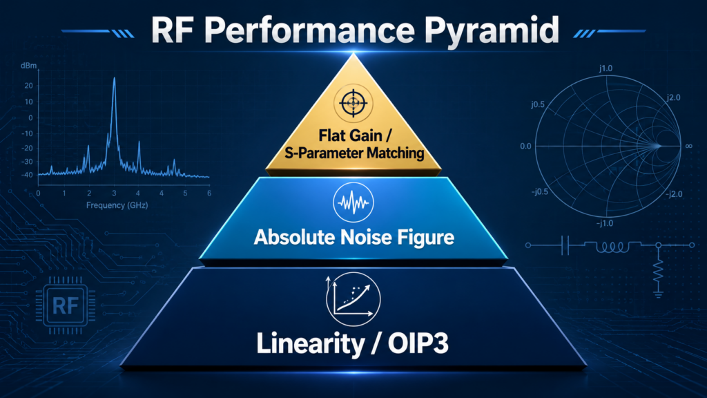 Bottom Layer: Linearity/Oip3; Middle Layer: Absolute Noise Figure; Top Layer: Flat Gain/S-Parameter Matching.