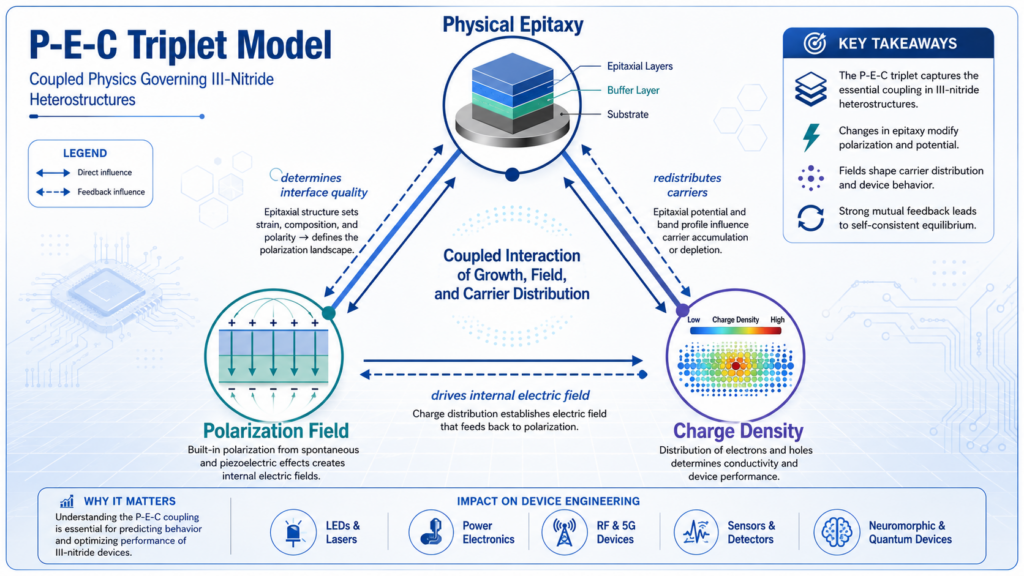 Display A Triangle Connecting Physical Epitaxy, Polarization Fields, And Charge Density, Labeled As The "P-E-C Triplet Model."