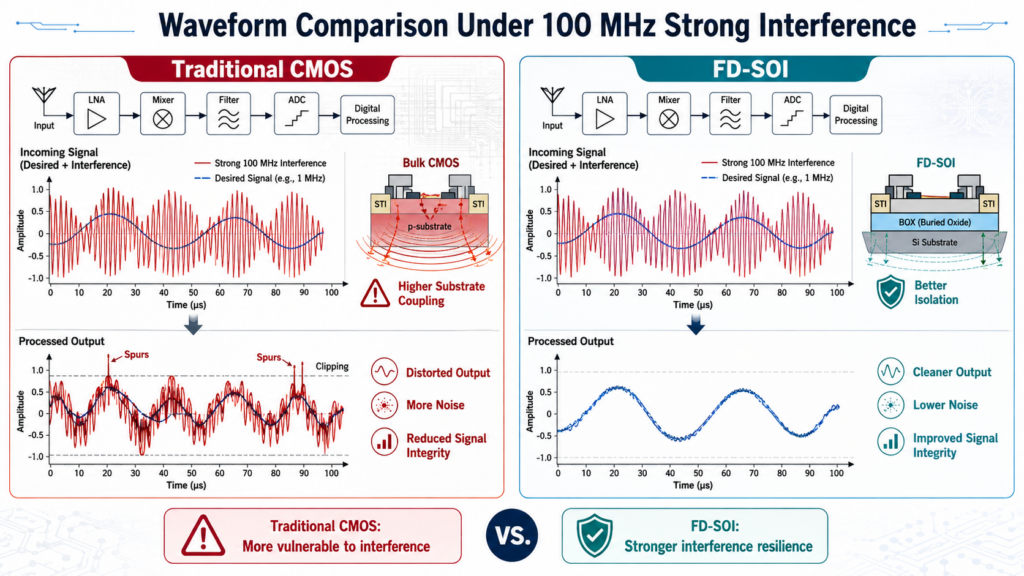 It Demonstrates A Comparison Of Waveforms Between Traditional Cmos And Fd-Soi Architectures When Processing 100 Mhz Signals Subject To Strong Interference.
