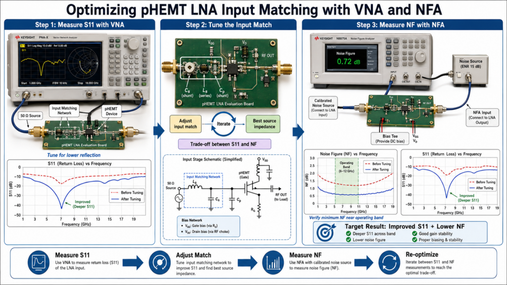 It Demonstrates How To Use A Vector Network Analyzer And A Noise Figure Analyzer To Tune The Input Matching Of A Phemt Low-Noise Amplifier, Thereby Optimizing The S11 And Noise Figure Curves.