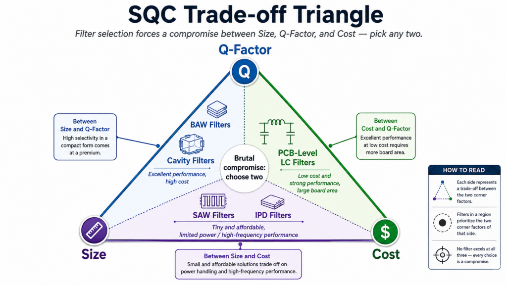 A Custom Venn Diagram Or Triangular Plot With Three Vertices Labeled "Size," "Q-Factor," And "Cost," And Various Filter Types Indicated Within The Corresponding Regions.